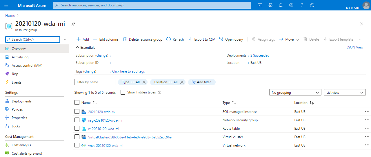 Snímek obrazovky s prostředky služby SQL Managed Instance na webu Azure Portal