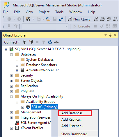 Snímek obrazovky aplikace SQL Server Management Studio zobrazící výběry pro přidání databáze do skupiny dostupnosti