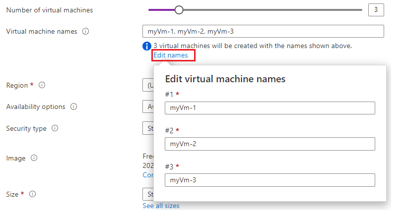 Snímek obrazovky webu Azure Portal s posuvníkem pro výběr počtu virtuálních počítačů spolu s možností úprav názvů