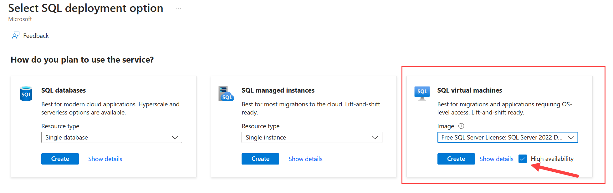 Snímek obrazovky webu Azure Portal zobrazující stránku pro výběr možnosti nasazení SQL Serveru s vybranou vysokou dostupností 