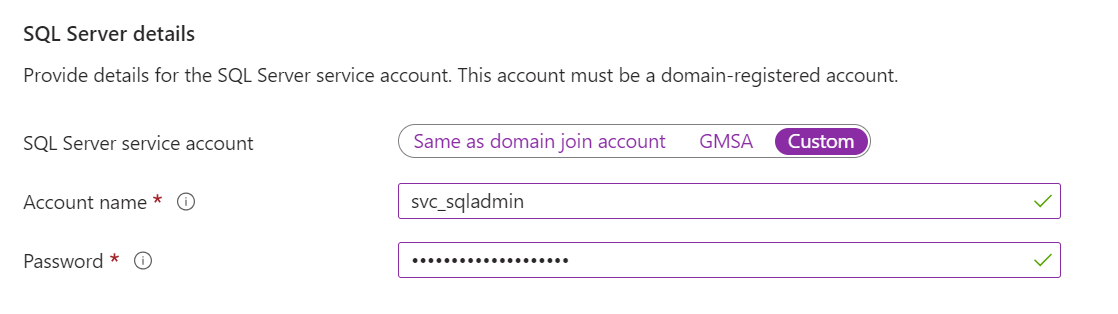 Snímek obrazovky webu Azure Portal s informacemi o účtu služby SQL Serveru