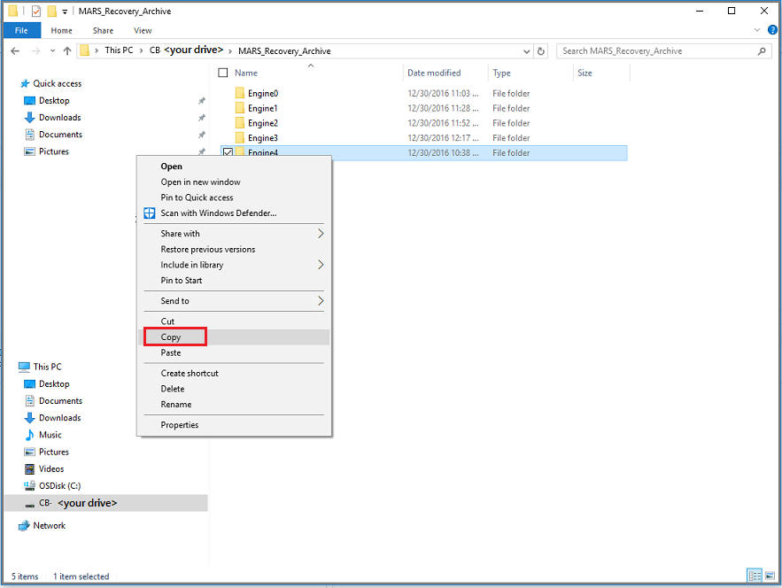 Snímek obrazovky Průzkumníka Windows se zvýrazněnou možností Kopírovat (obnovení do stejného počítače)