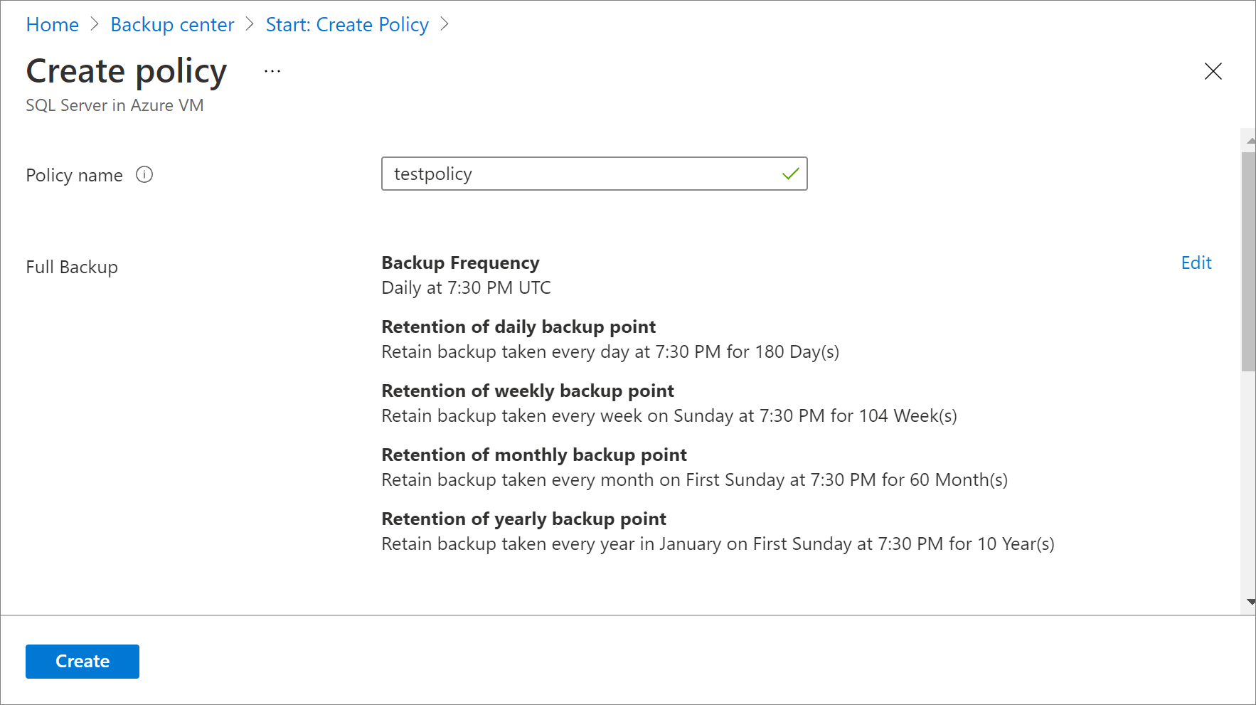 Screenshot to showing to enter policy name.