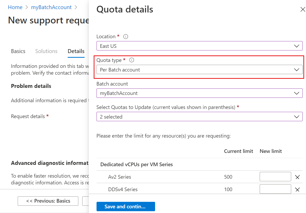Screenshot of the quota increase request screen, highlighting selection box for the quota type.