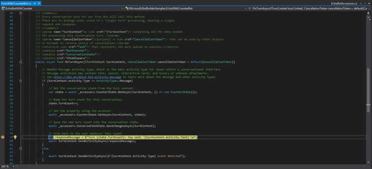 Snímek obrazovky robota v jazyce C# v sadě Visual Studio, pozastavený na zarážce