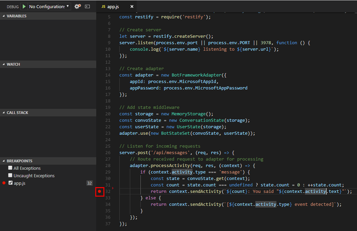 Snímek obrazovky se zarážkou JavaScriptu nastavenou v editoru Visual Studio Code