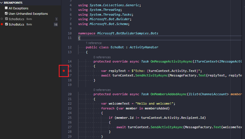 Snímek obrazovky se zarážkou jazyka C# nastavenou v editoru Visual Studio Code