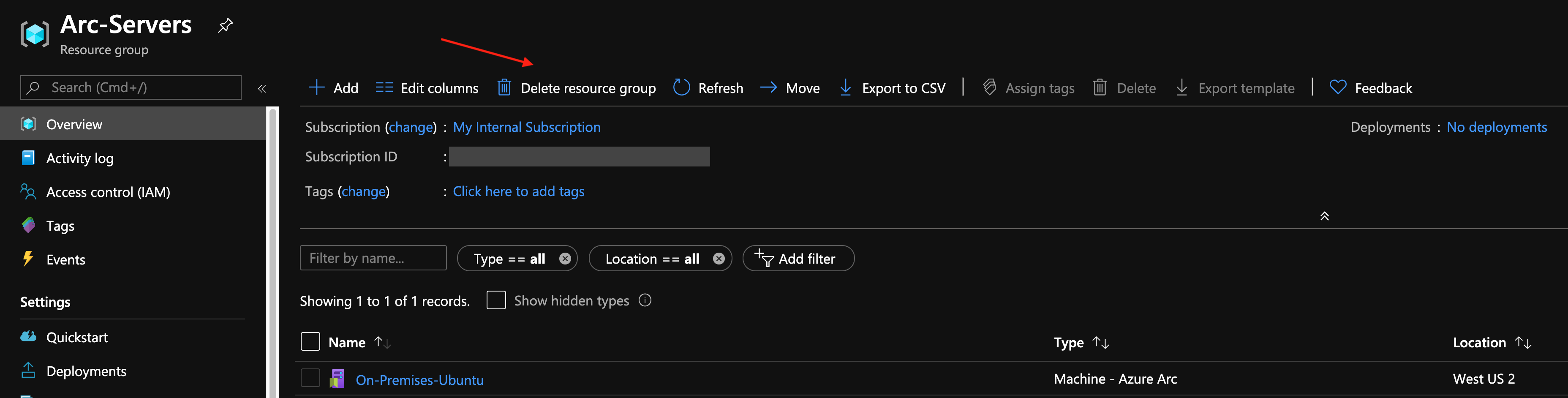 A screenshot of the option to delete a resource group via the Azure portal.