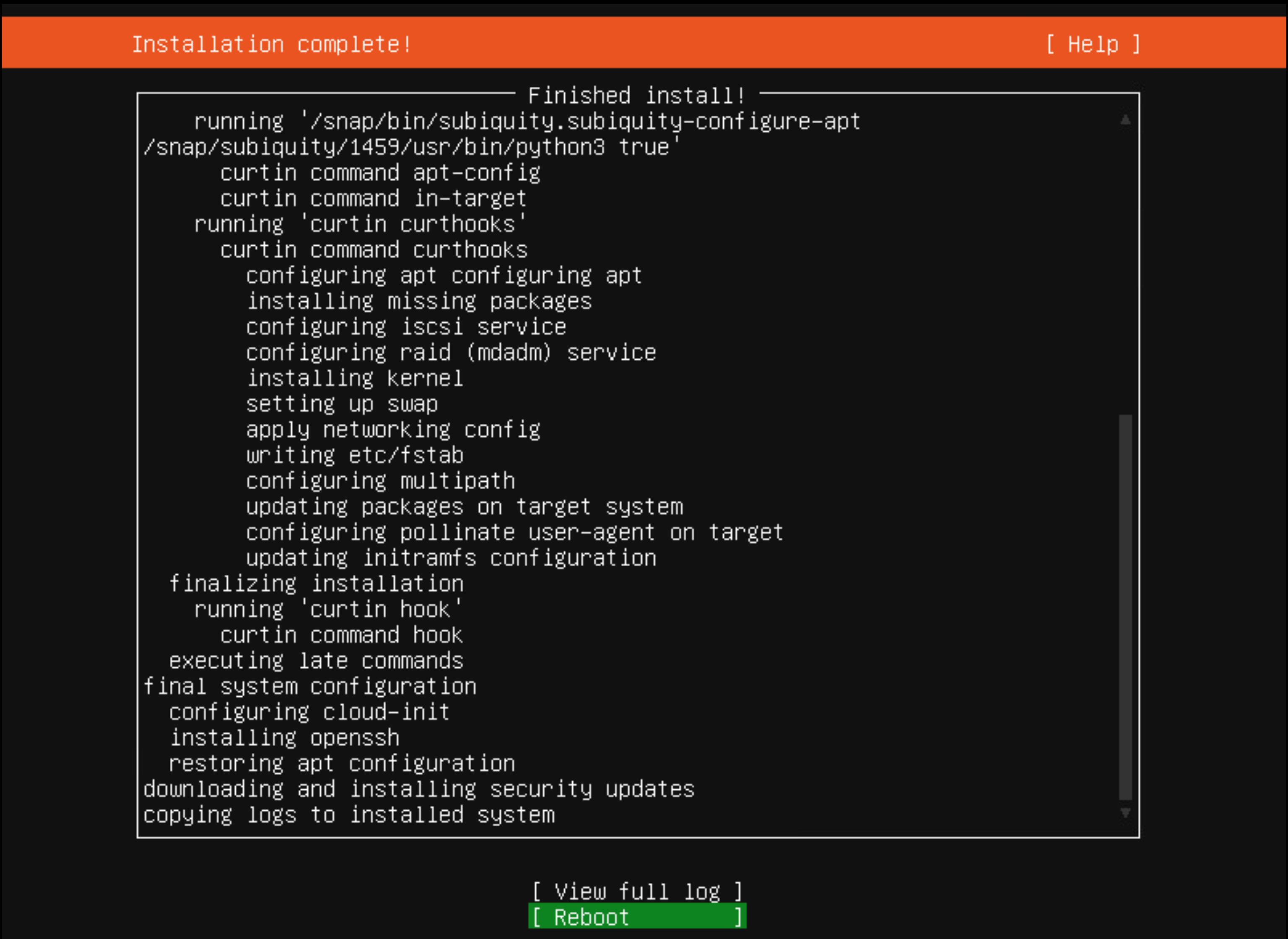 Devatenáctý snímek obrazovky s instalací Ubuntu.
