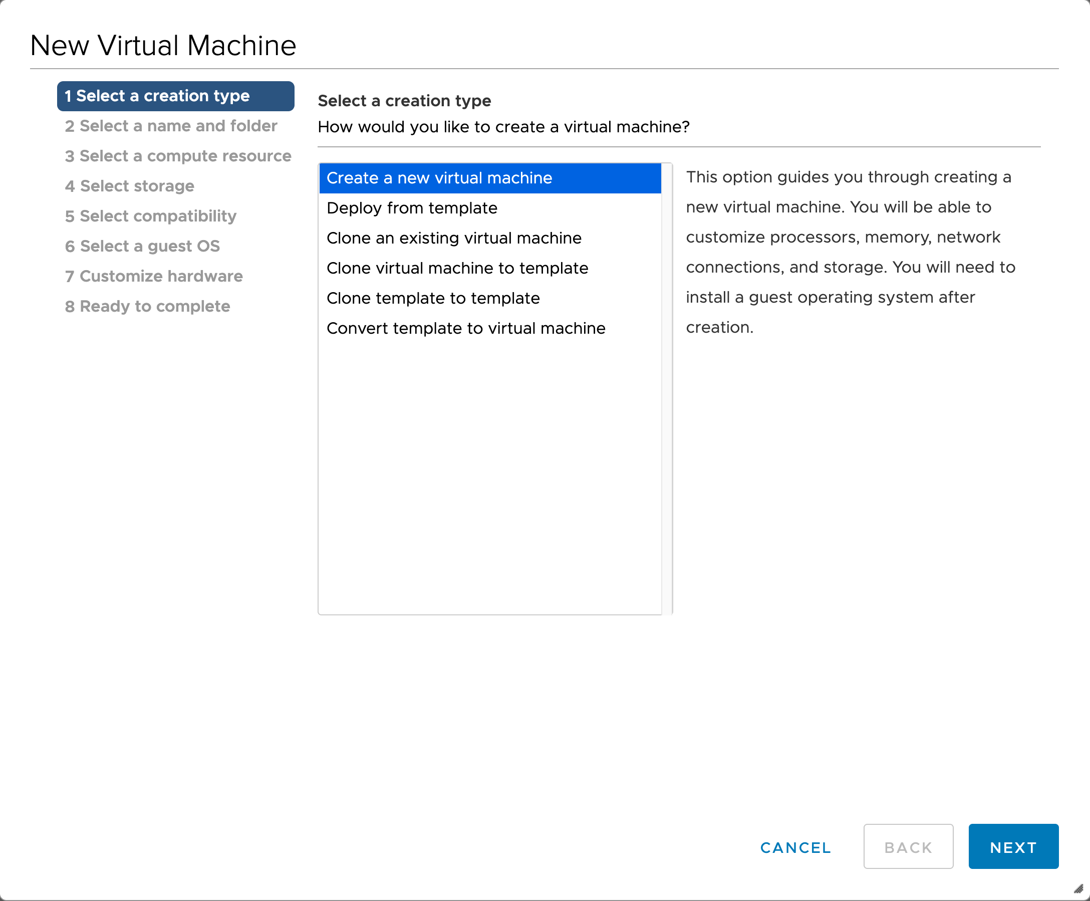 Druhý snímek obrazovky znázorňuje, jak vytvořit nový virtuální počítač VMware vSphere.