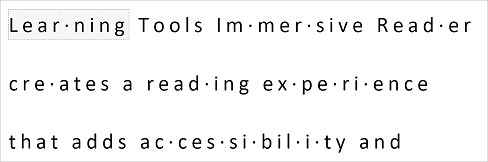 Snímek obrazovky Asistivní čtečka rozdělení slov na slabiky