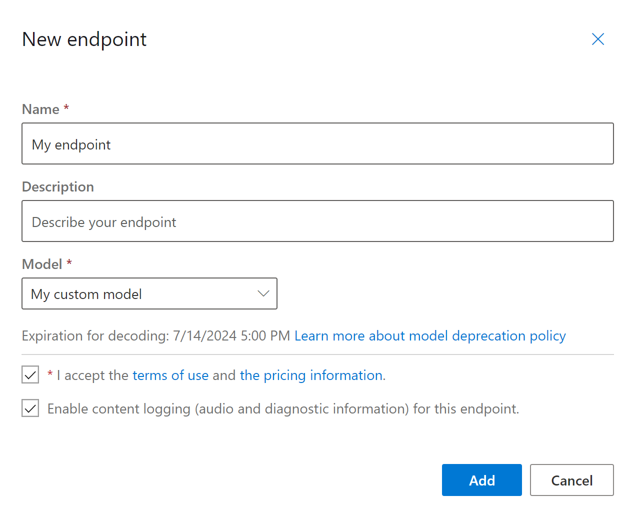 Screenshot showing the selected Log content from this endpoint checkbox on the New endpoint page.