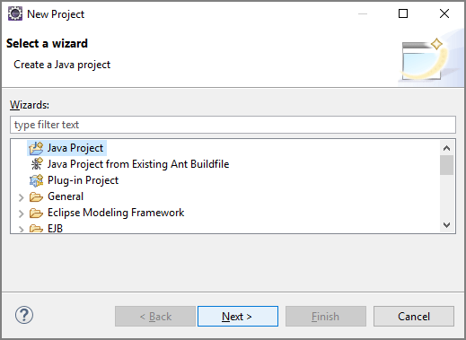 Screenshot of the New Project dialog, with Java Project highlighted.