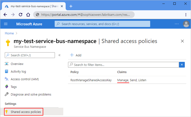 Snímek obrazovky znázorňující vybranou možnost Azure Portal, obor názvů Služby Service Bus a Zásady sdíleného přístupu