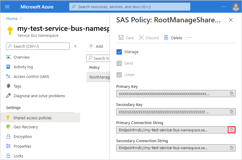 Snímek obrazovky znázorňující připojovací řetězec oboru názvů služby Service Bus a vybrané tlačítko kopírování