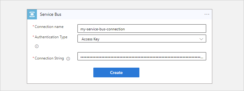 Snímek obrazovky znázorňující pracovní postup Consumption, trigger služby Service Bus a ukázkové informace o připojení
