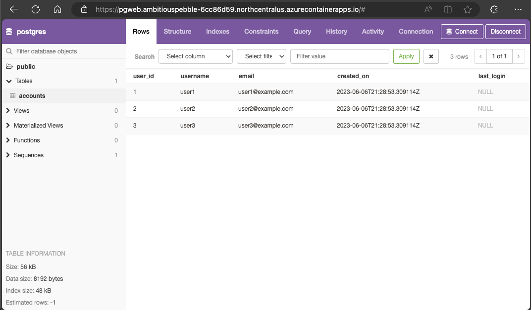 Snímek obrazovky s aplikací pgweb Container App, která se připojuje ke službě PostgreSQL