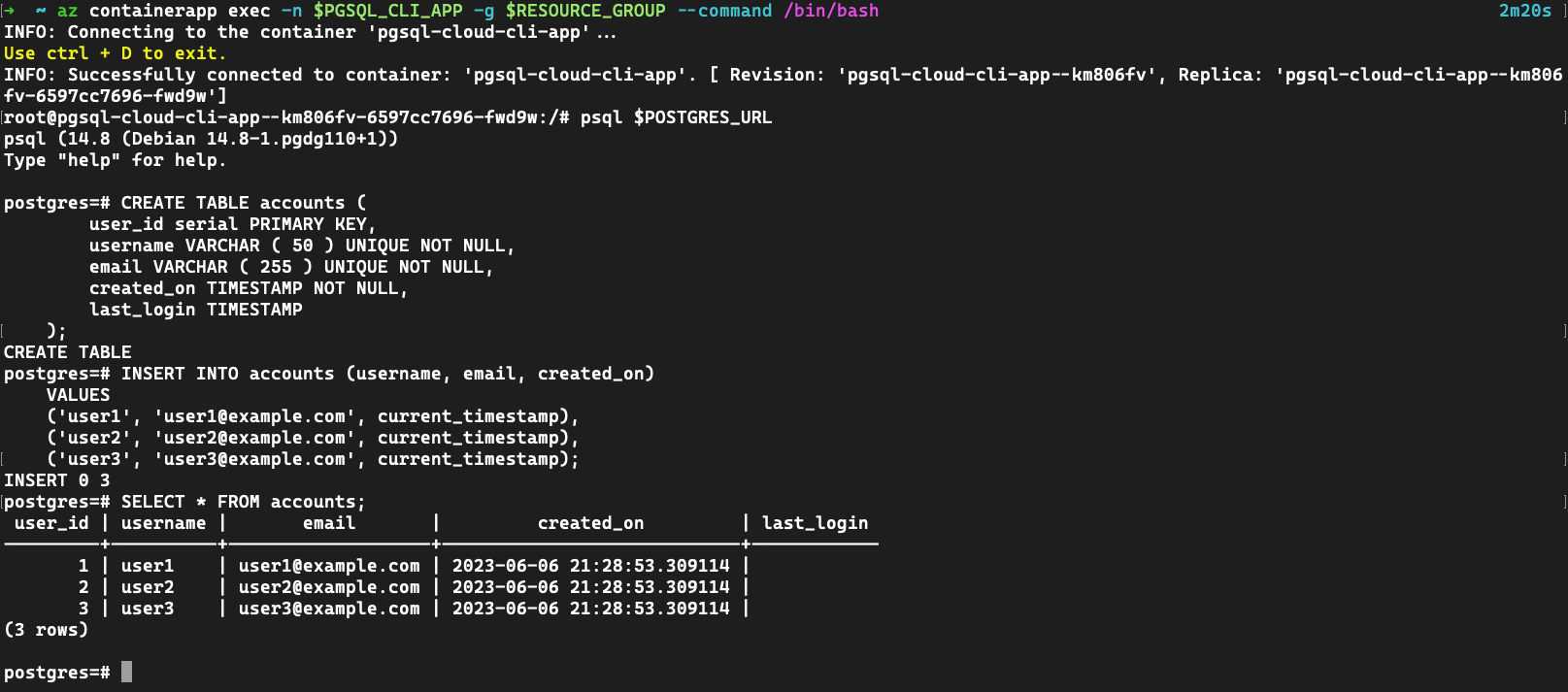 Snímek obrazovky aplikace kontejneru s využitím nástroje pgsql, který se připojuje k PostgreSQL, vytvoří tabulku a načte nějaká data.