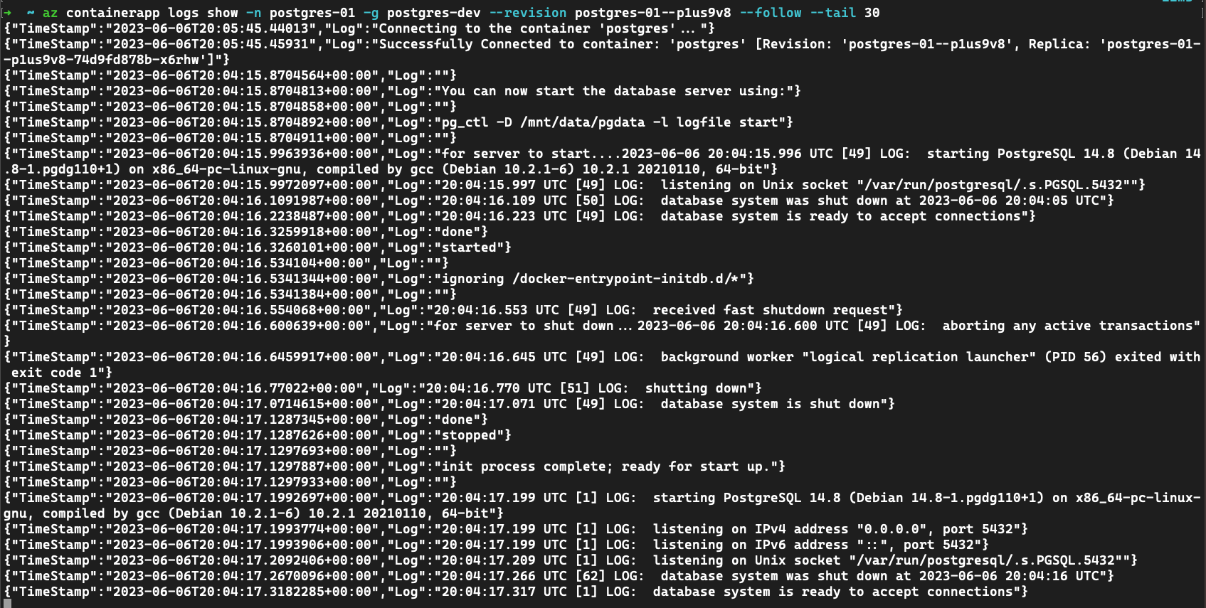 Snímek obrazovky s protokoly služby PostgreSQL aplikace kontejneru
