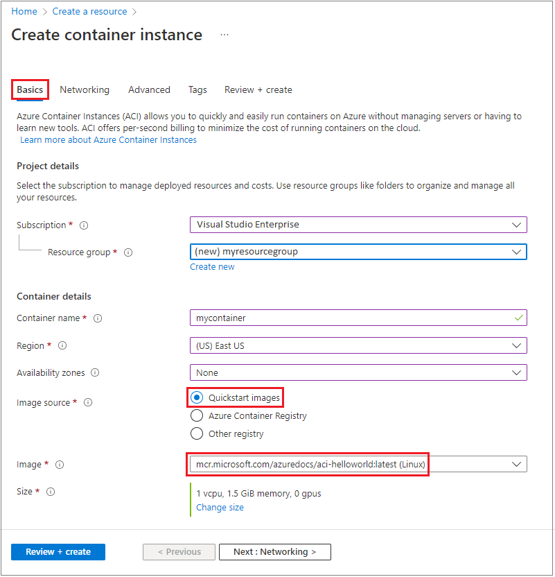 Konfigurace základního nastavení pro novou instanci kontejneru na webu Azure Portal