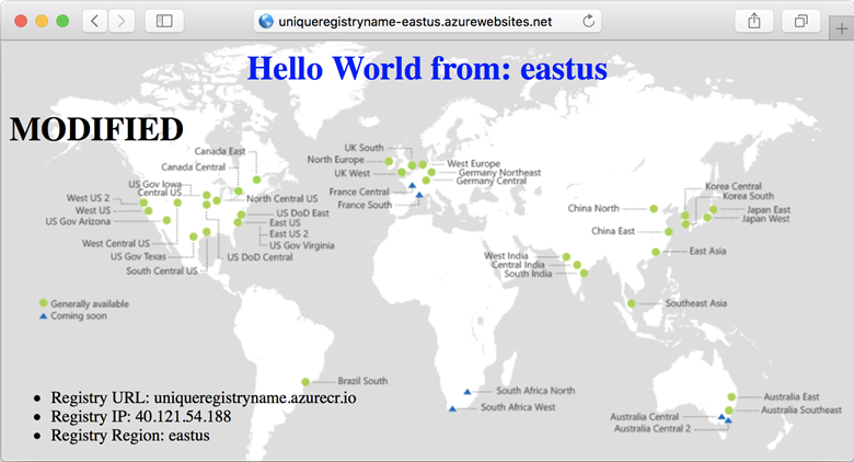 Zobrazení prohlížeče s upravenou webovou aplikací běžící v oblasti East US