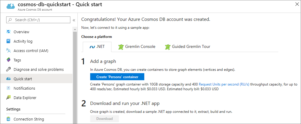 Azure Cosmos DB account created page