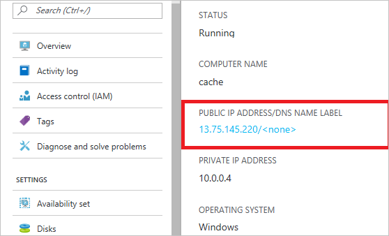 Snímek obrazovky znázorňující veřejnou IP adresu virtuálního počítače zobrazeného na webu Azure Portal