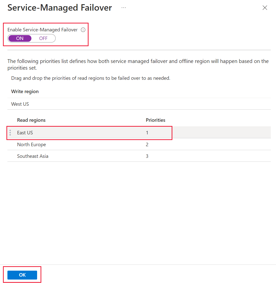 Snímek obrazovky s nabídkou portálu pro převzetí služeb při selhání spravovanou službou
