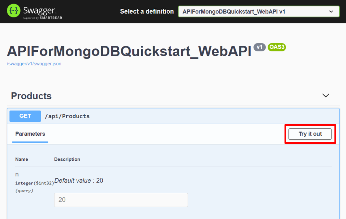 Screenshot of the web API Swagger UI Try API endpoints page.