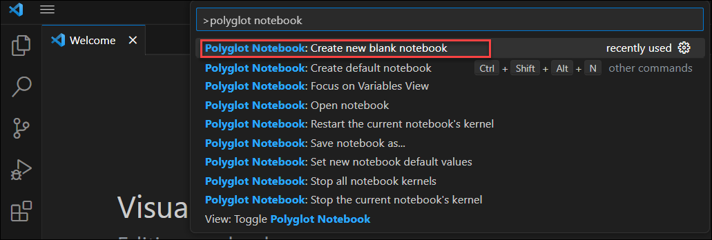 Screenshot of Create new Polyglot notebook command in Visual Studio Code.