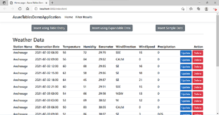 Snímek obrazovky s dokončenou aplikací zobrazující data uložená v tabulce Azure Cosmos DB pomocí rozhraní API pro tabulku