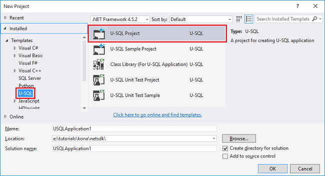 Nový projekt U-SQL Visual Studio