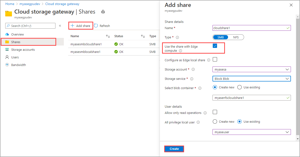 Cloud share creation in Azure portal for static provisioning