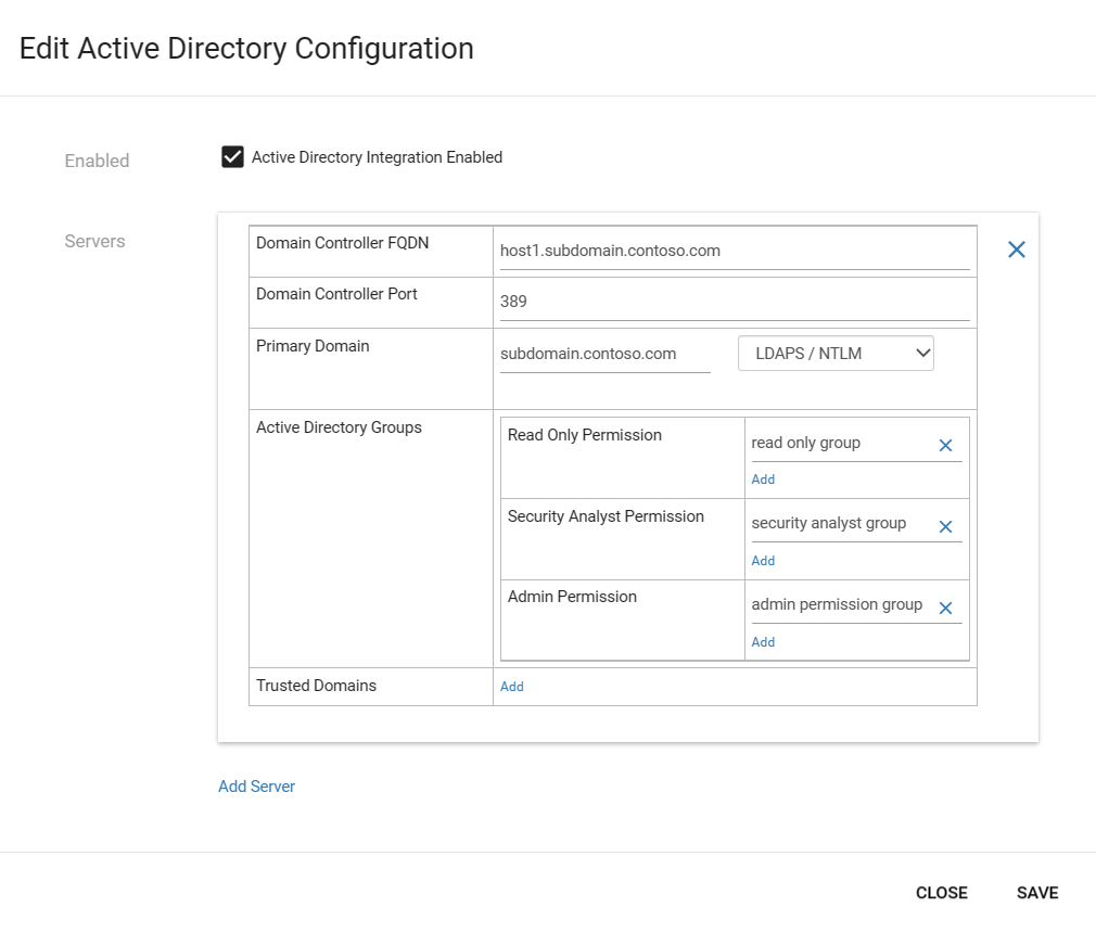 Snímek obrazovky s konfigurací integrace služby Active Directory v místní konzole pro správu