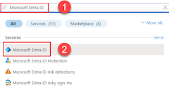 Snímek obrazovky znázorňující, jak pomocí horního panelu hledání na webu Azure Portal vyhledat a přejít na stránku MICROSOFT Entra ID