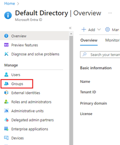 Snímek obrazovky znázorňující umístění položky nabídky Skupiny v nabídce vlevo na stránce Výchozí adresář Microsoft Entra ID