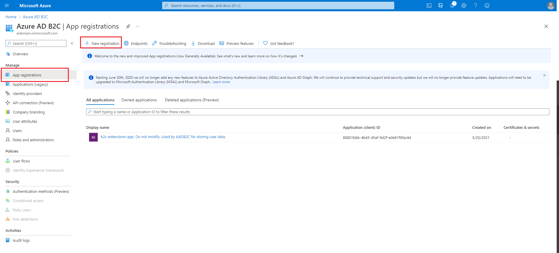Snímek obrazovky webu Azure Portal zobrazující obrazovku Registrace aplikací Azure AD B2C
