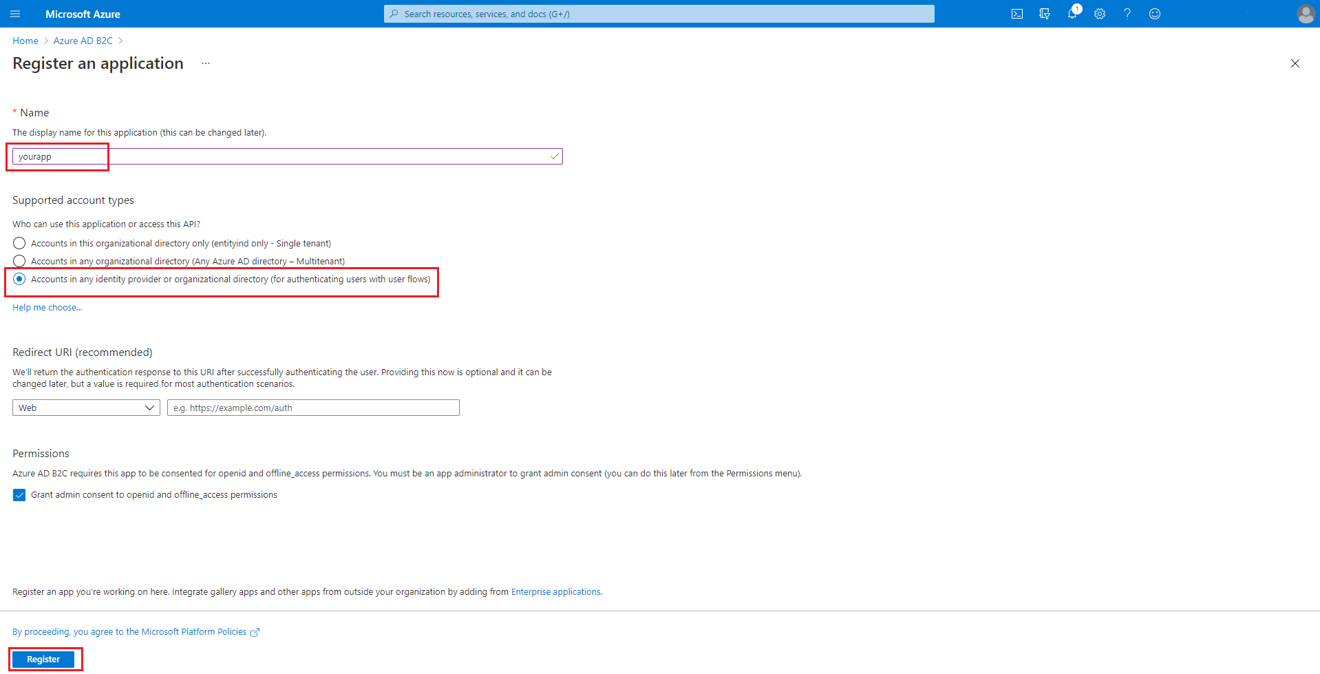 Azure AD B2C zaregistruje formulář aplikace.