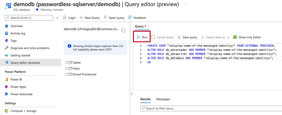 Screenshot of Azure portal showing SQL Database query editor with query to create user and add roles.