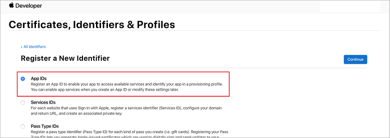 Stránka registrace nového ID na portálu pro iOS