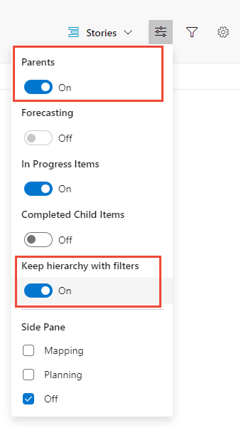 Snímek obrazovky s nabídkou Možnosti zobrazení a vybranou možností Zachovat hierarchii s vybranými filtry