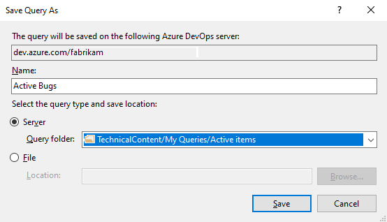 Snímek obrazovky, Visual Studio, dialogové okno Uložit dotaz jako