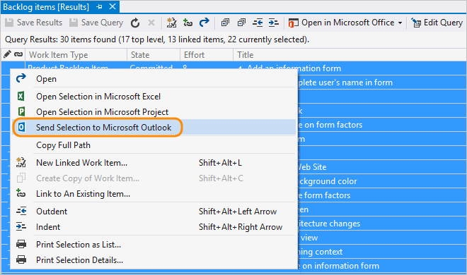 Snímek obrazovky s vybranými položkami e-mailu ze seznamu výsledků dotazu sady Visual Studio