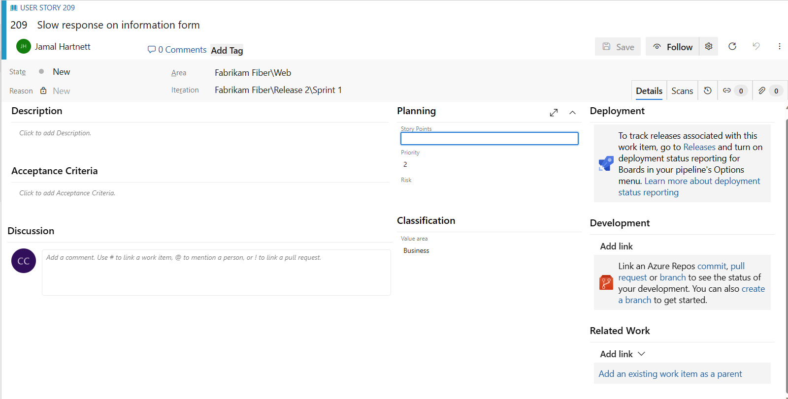 Snímek obrazovky s formulářem pracovní položky uživatelského scénáře