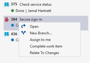 Screenshot of Visual Studio 2019, Team Explorer, Work Items, context menu of options.