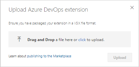 Snímek obrazovky znázorňující nahrání nového rozšíření pro Azure DevOps