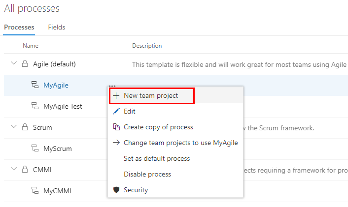 Snímek obrazovky s možností Vytvořit projekt z vybraného procesu Azure DevOps Server 2019
