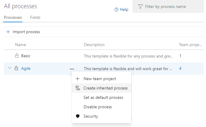 Místní nabídka: Zvolte Vytvořit zděděný proces, Azure DevOps.