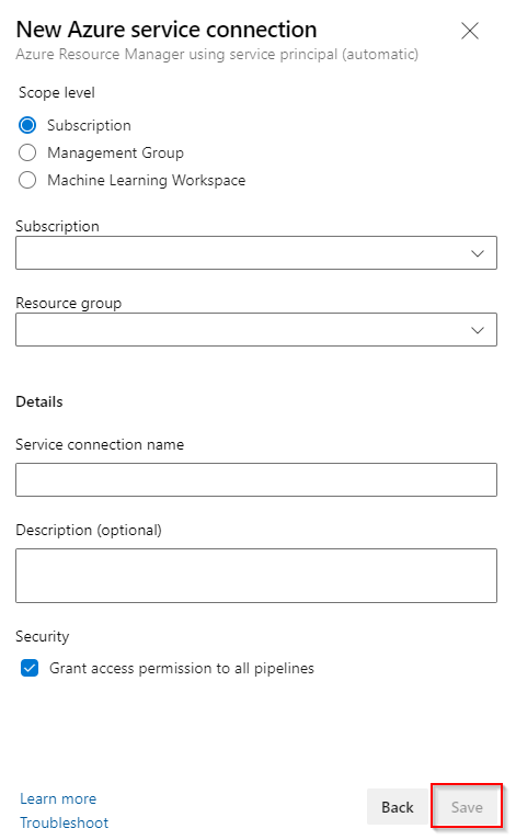 Snímek obrazovky znázorňující nový formulář připojení služby Azure Resource Manager