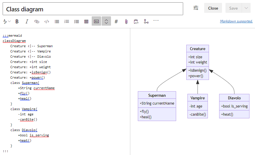 Snímek obrazovky s živým editorem Mermaid s kódem a náhledem diagramu tříd